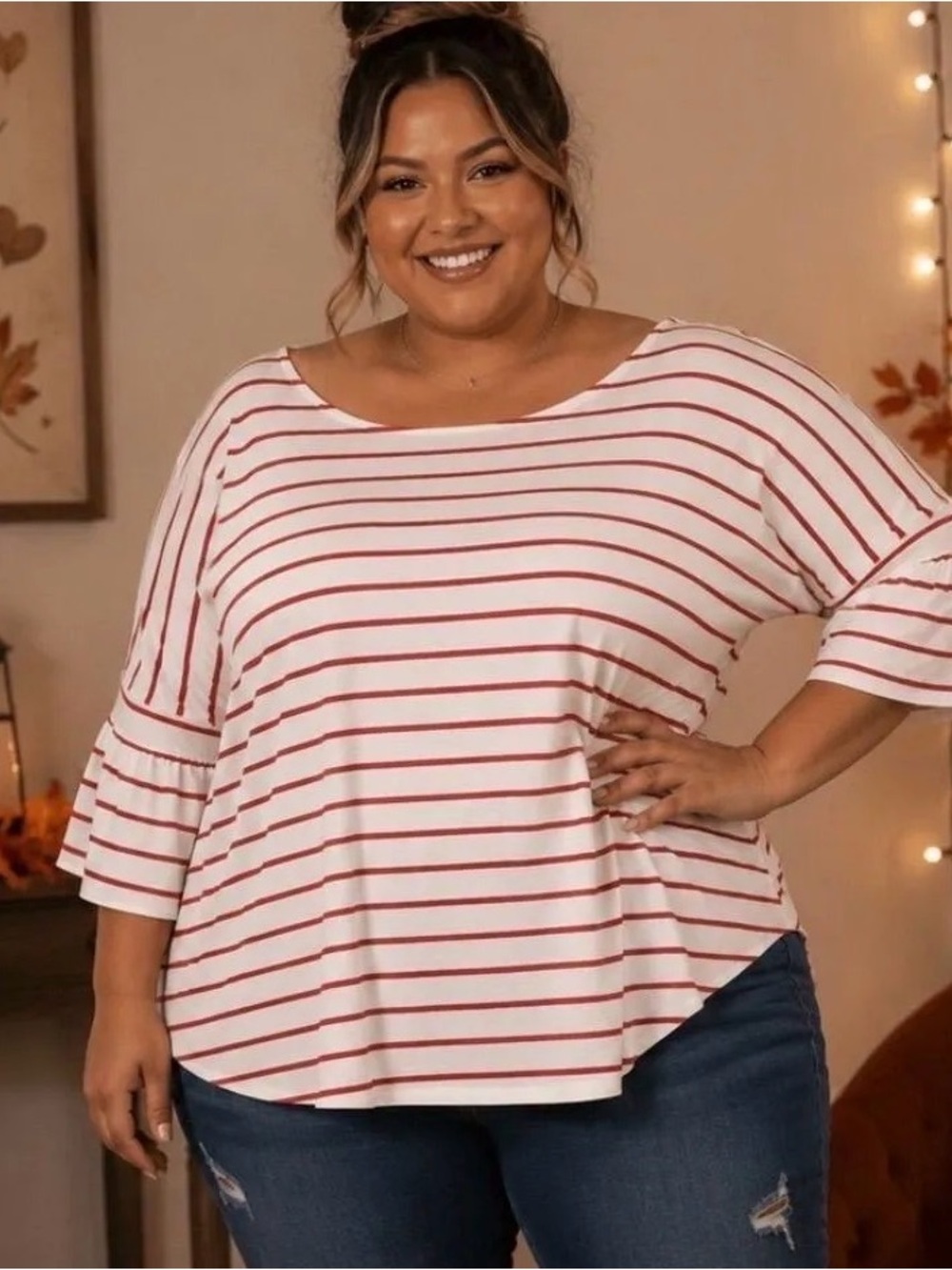 Falls Creek White Top with Red Stripes and Ruffle Sleeves